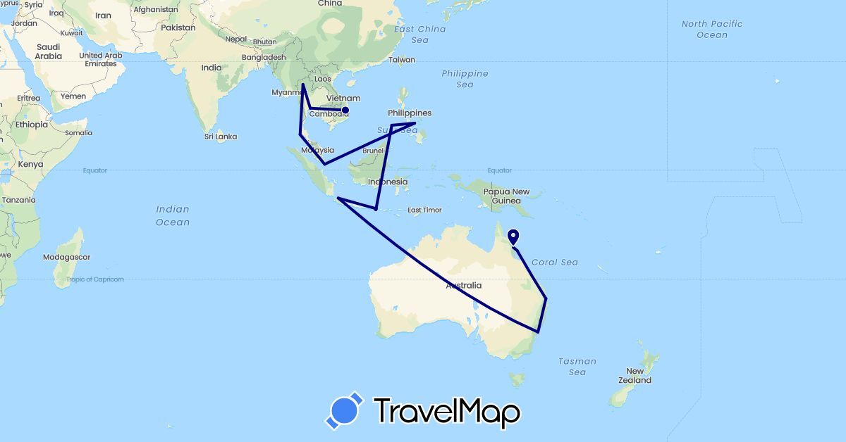 TravelMap itinerary: driving in Australia, Indonesia, Philippines, Singapore, Thailand, Vietnam (Asia, Oceania)